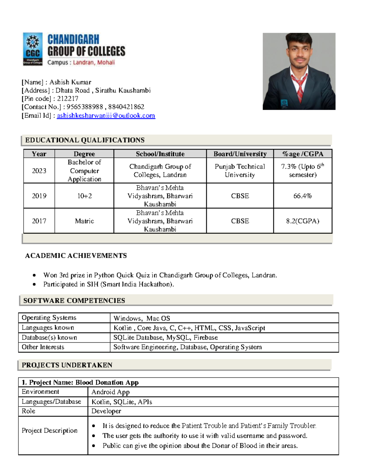 My Resume CGC - [Name] : Ashish Kumar [Address] : Dhata Road , Sirathu ...