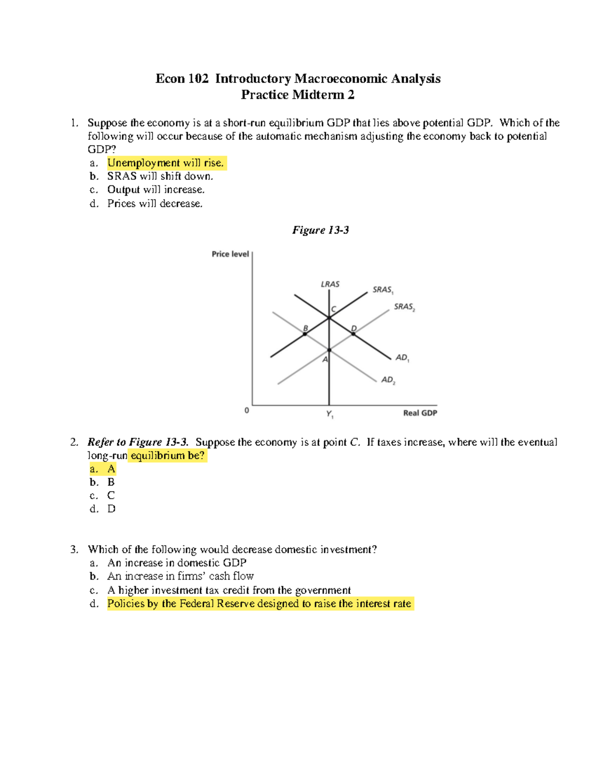 1. Practice Midterm 2 - Econ 102 Introductory Macroeconomic Analysis ...