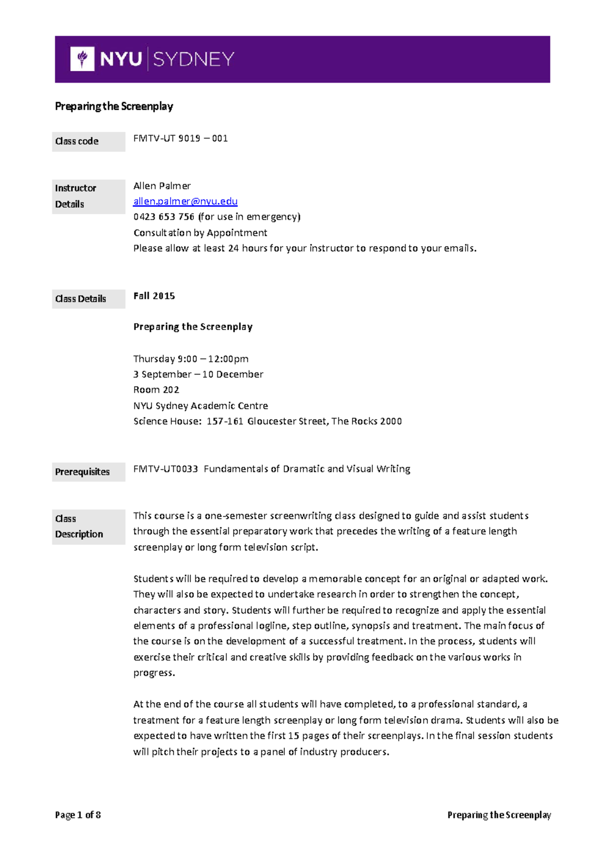 Screenwriting Syllabus - Preparing the Screenplay Class code FMTV-UT ...