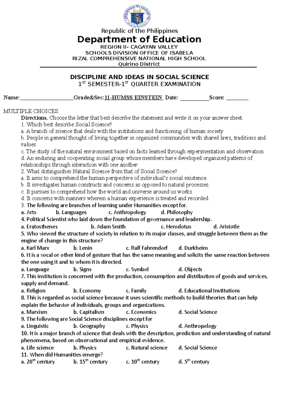 1st Q Exam - 1st Q Exam - Republic of the Philippines Department of ...