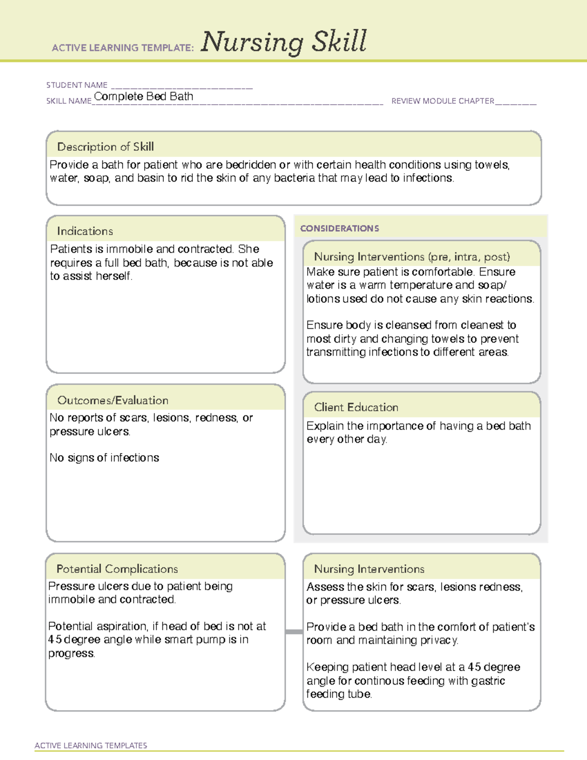 Nursing Skill - Complete Bed Bath ATI template - ACTIVE LEARNING ...