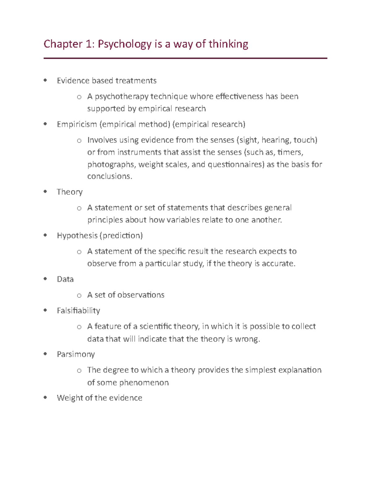 Chapter 1 & 2 Notes - Chapter 1: Psychology is a way of thinking ...