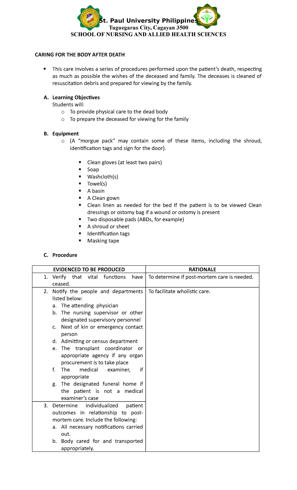 Post-Mortem-Care - nursing - St. Paul University Philippines Tuguegarao ...