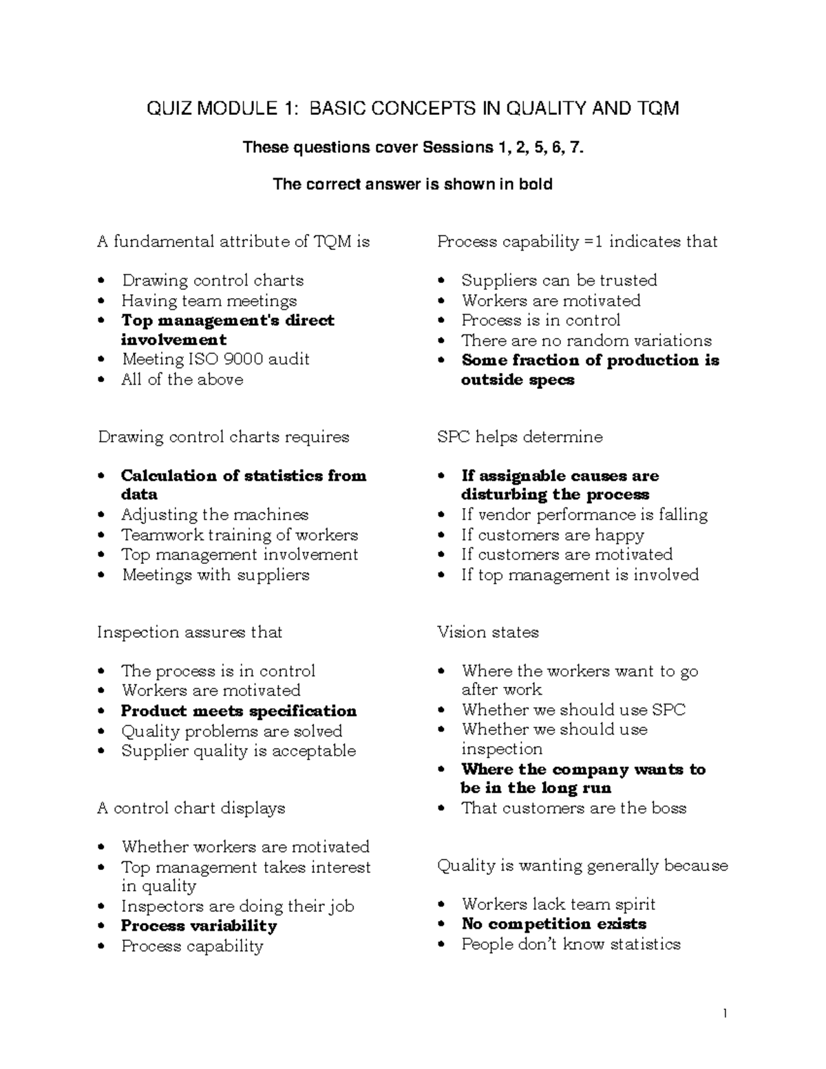 Q & A Set 1 - MCQ QUESTION - QUIZ MODULE 1: BASIC CONCEPTS IN QUALITY ...