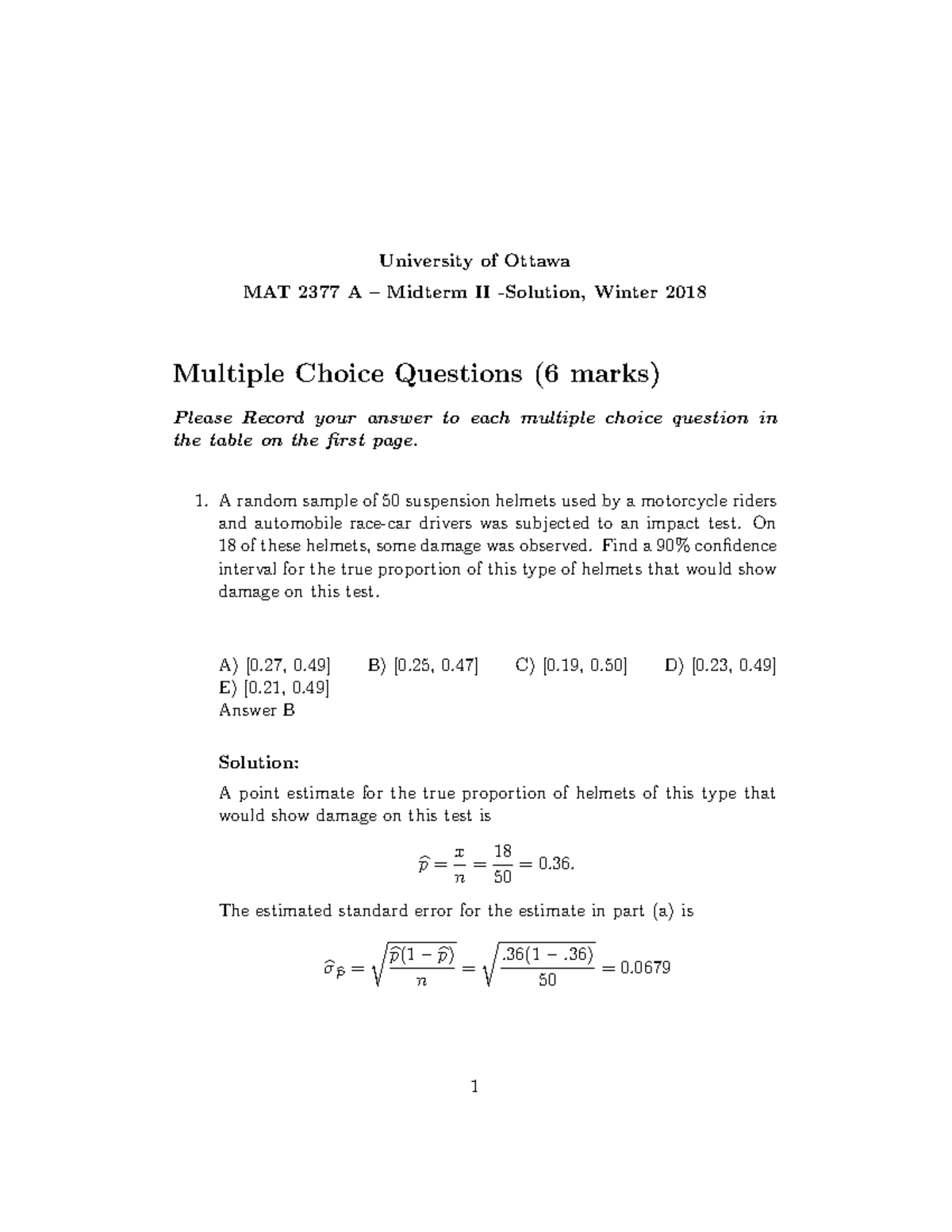 MAT2377 Test2W2018 version A - Solution - University of Ottawa MAT 2377 ...