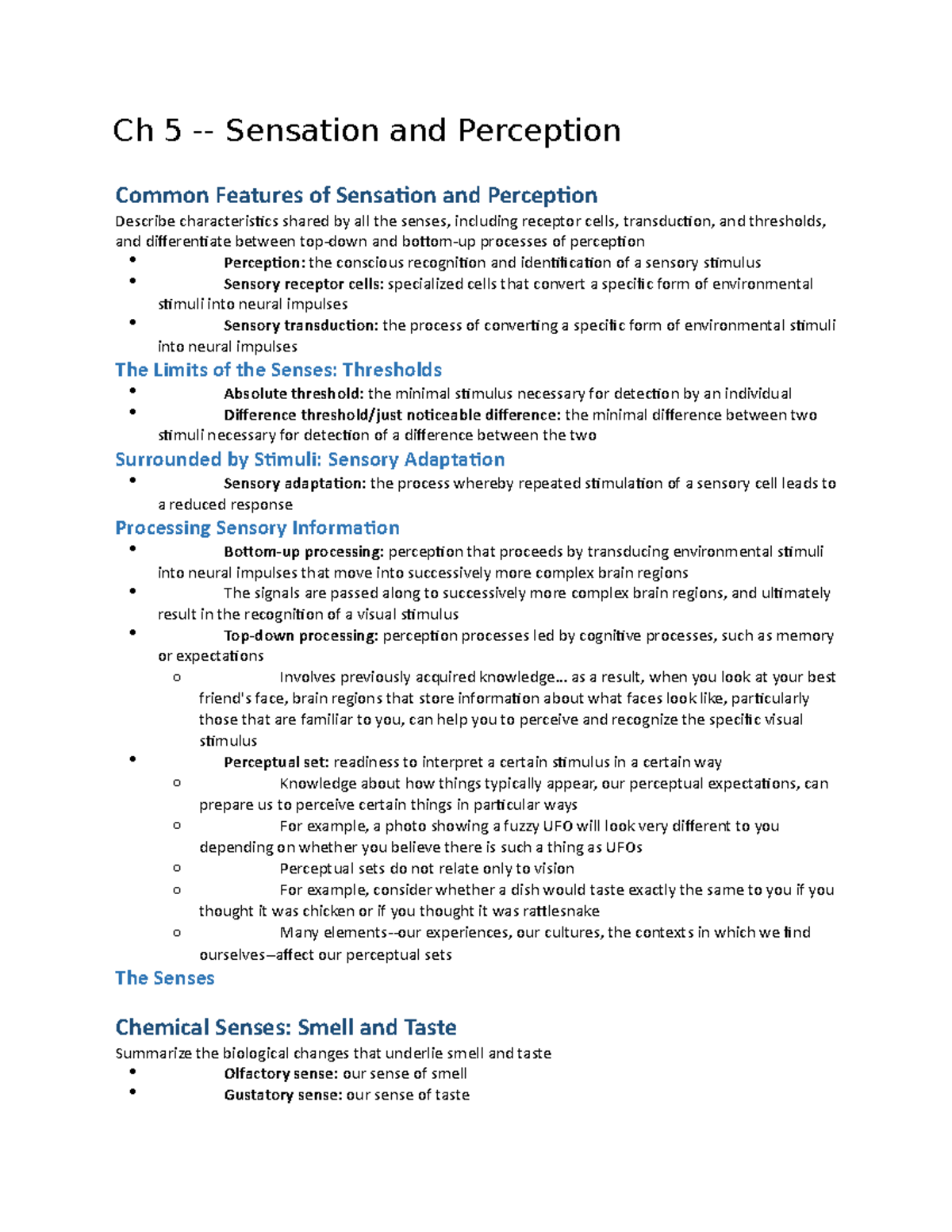 Chapter 5 Notes - Ch 5 - Sensation And Perception Common Features Of ...