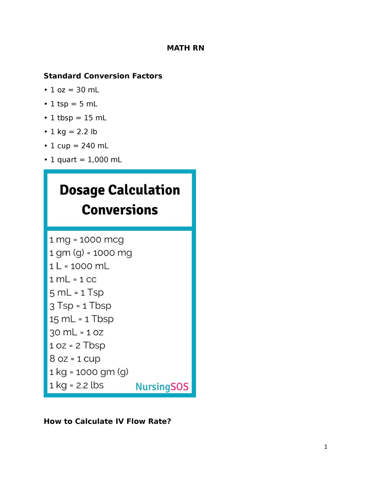 MATH-RN - drug Calculation - MATH RN Standard Conversion Factors 1 oz ...