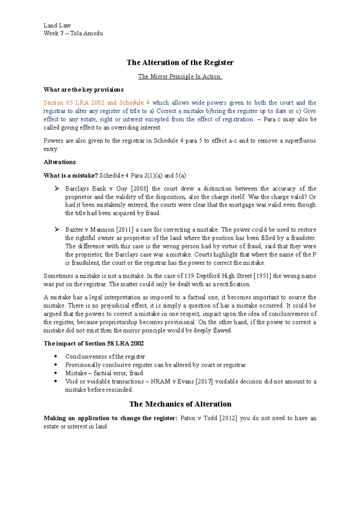 The mirror principle in action Land Law Week 7 Tola Amodu The