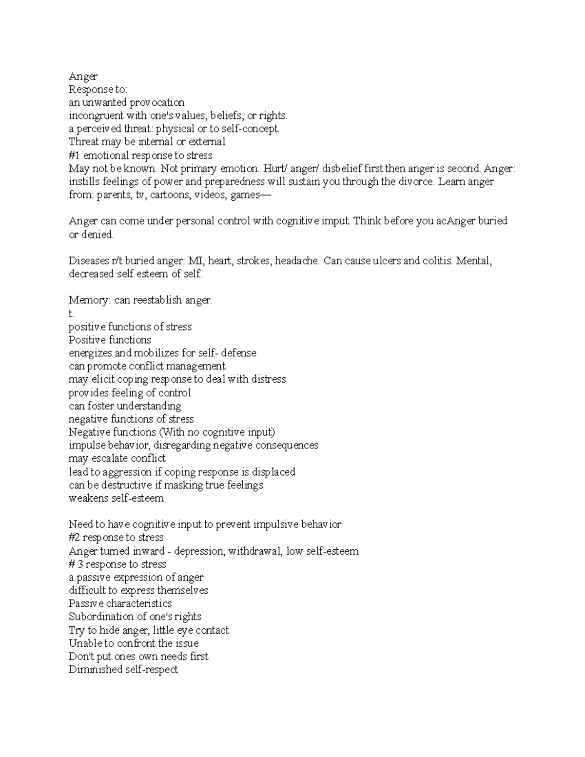 Mn 4 - notes - Anger Response to: an unwanted provocation incongruent ...