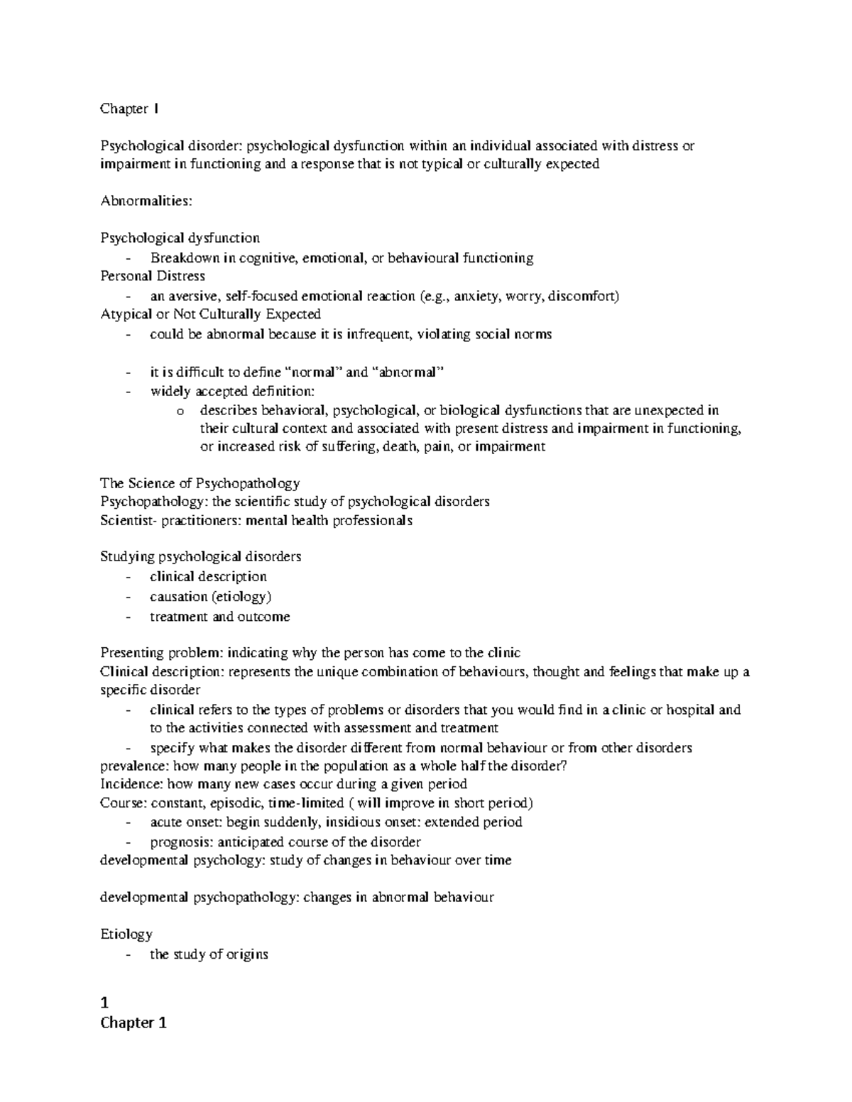 Chapter 1 notes - Chapter 1 Psychological disorder: psychological ...
