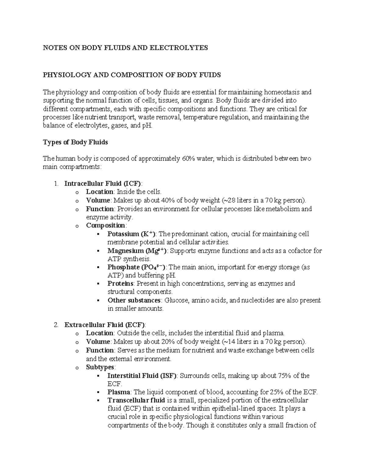 Notes BODY Fuids AND Electrolytes - NOTES ON BODY FLUIDS AND ...