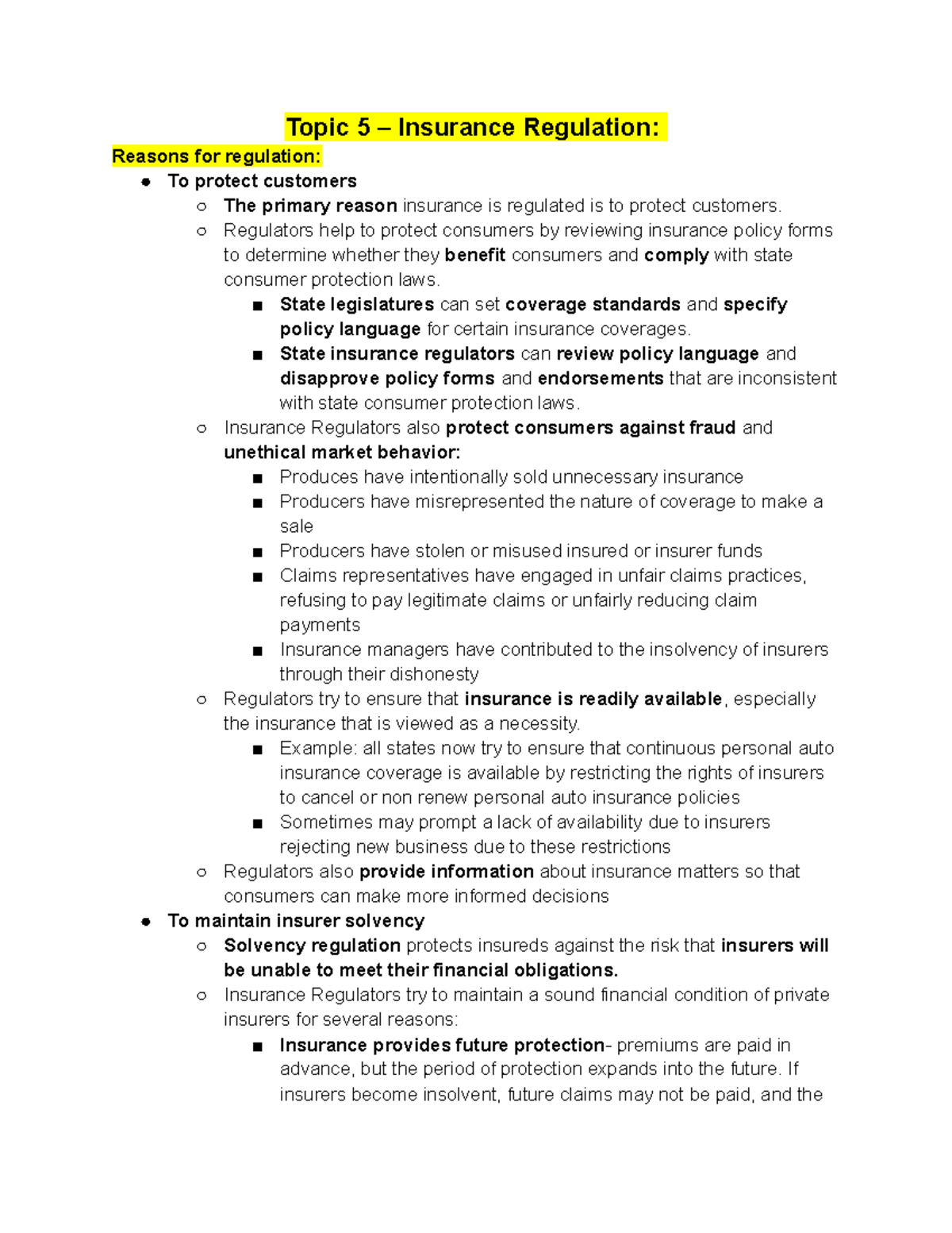 3502 exam 2 review - Topic 5 – Insurance Regulation: Reasons for ...
