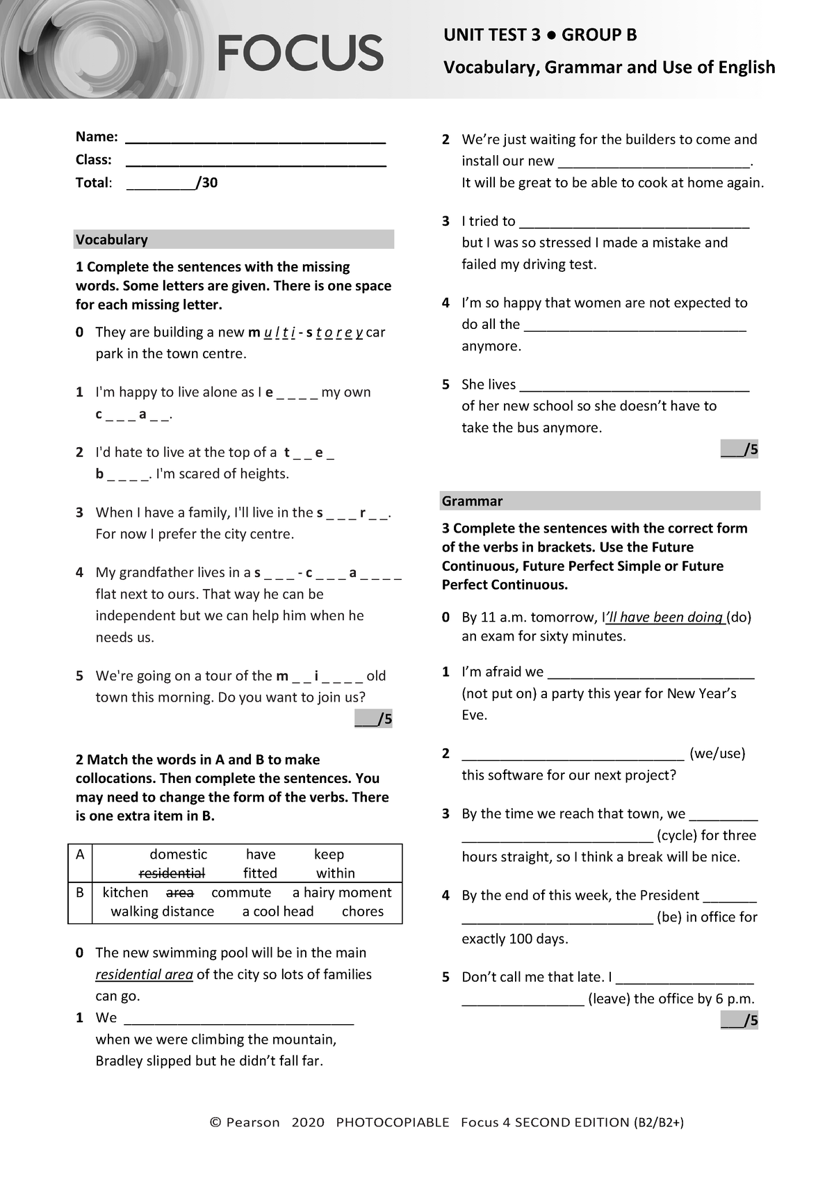 Focus 4 2E Unit Test Vocabulary Grammar Uo E Unit3 Group B - © Pearson ...