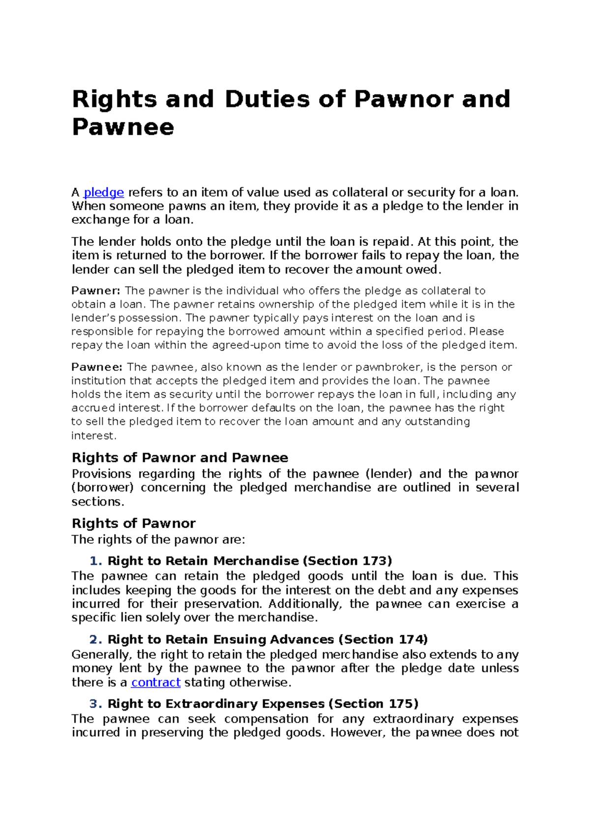 Rights And Duties Of Pawnor