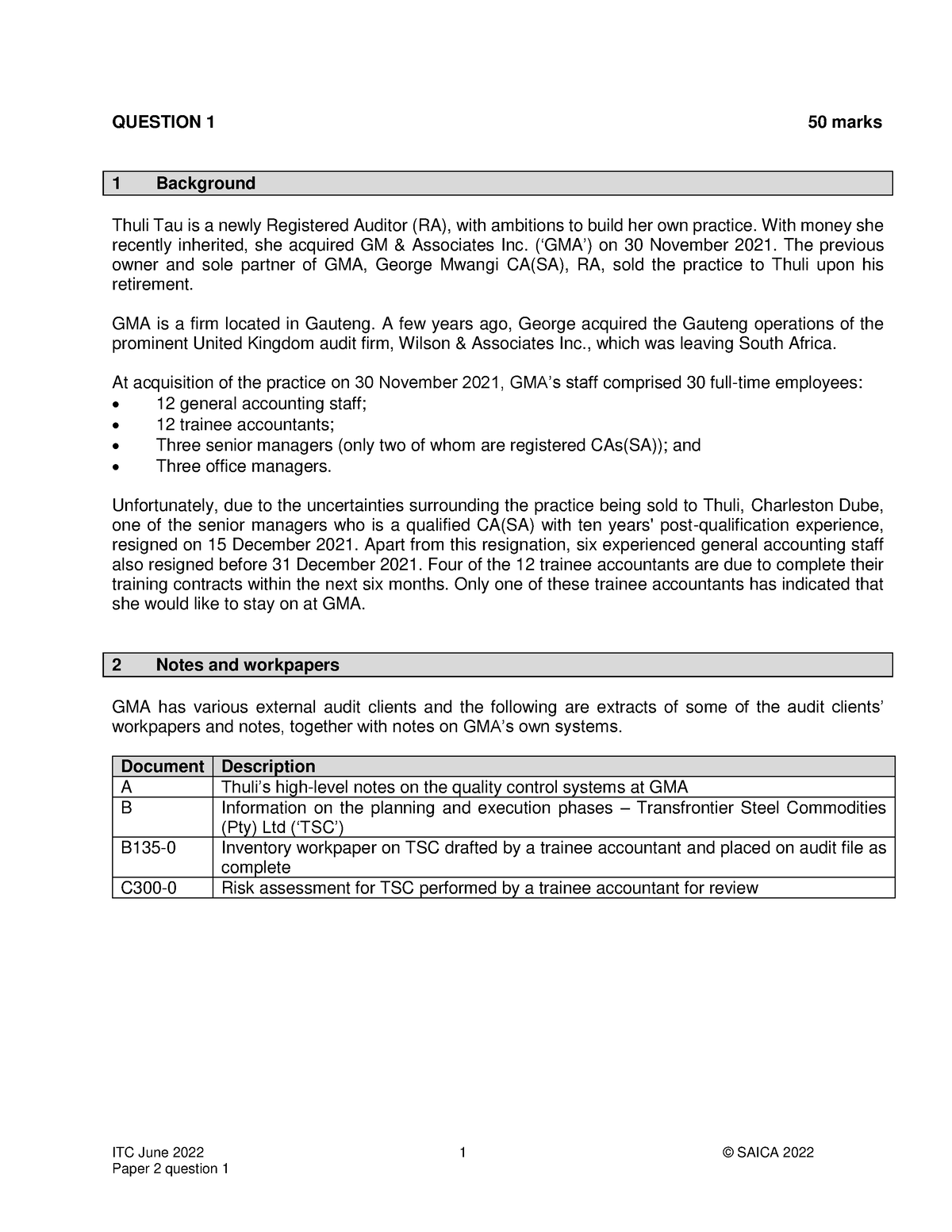 ITC June 2022 Paper 2 Question 1 GMA ITC June 2022 1 © SAICA 2022