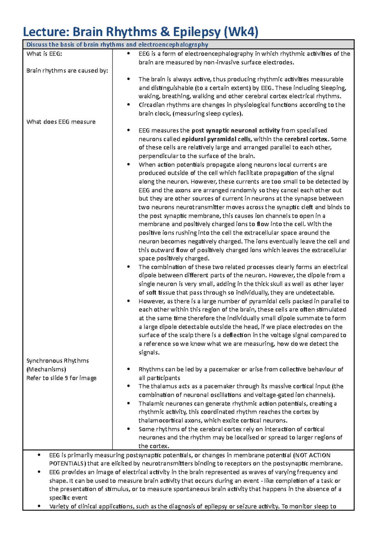 neuroscience lecture notes summaries wk3-6 - Lecture: Brain Rhythms ...