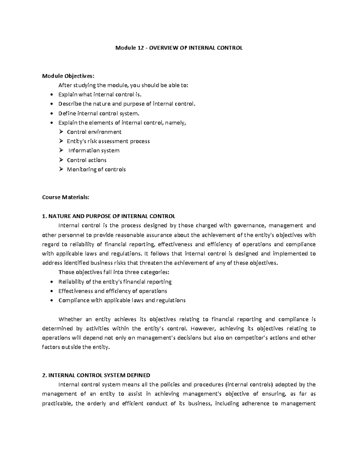 Module 12 Overview OF Internal Control Module 12 OVERVIEW OF