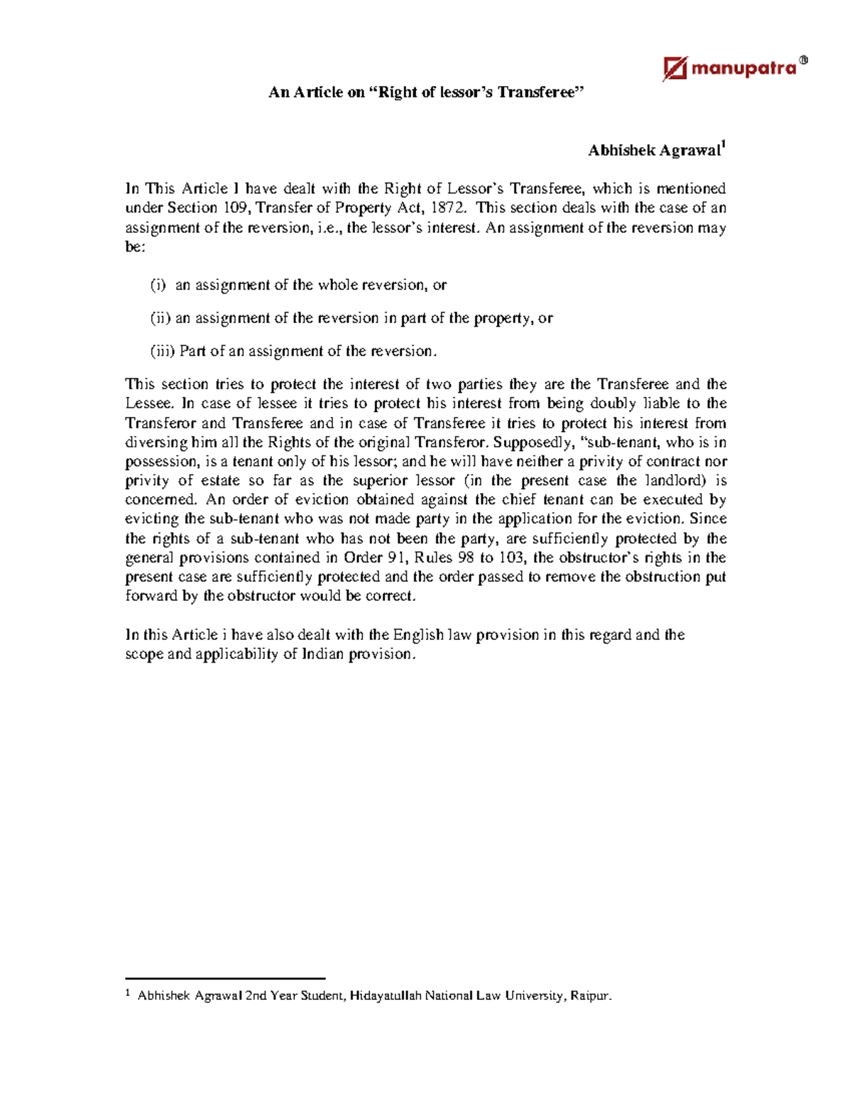 Right of Lessor Transferee - This section deals with the case of an ...