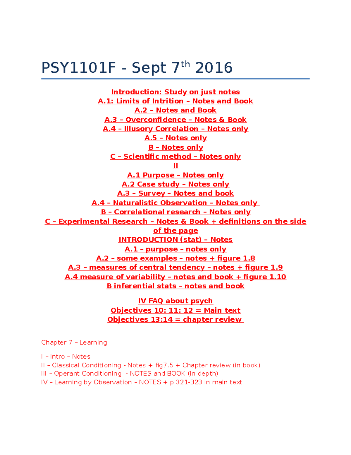 Psy 1101 Notes Ch 1-7 - PSY1101F - Sept 7th 2016 Introduction: Study On ...