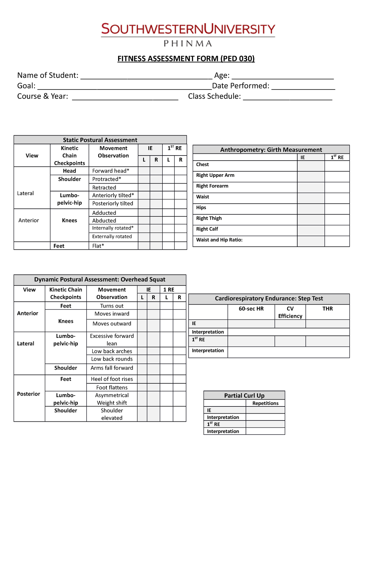 PED 030-PFA-Form For Student - FITNESS ASSESSMENT FORM (PED 030) Name ...