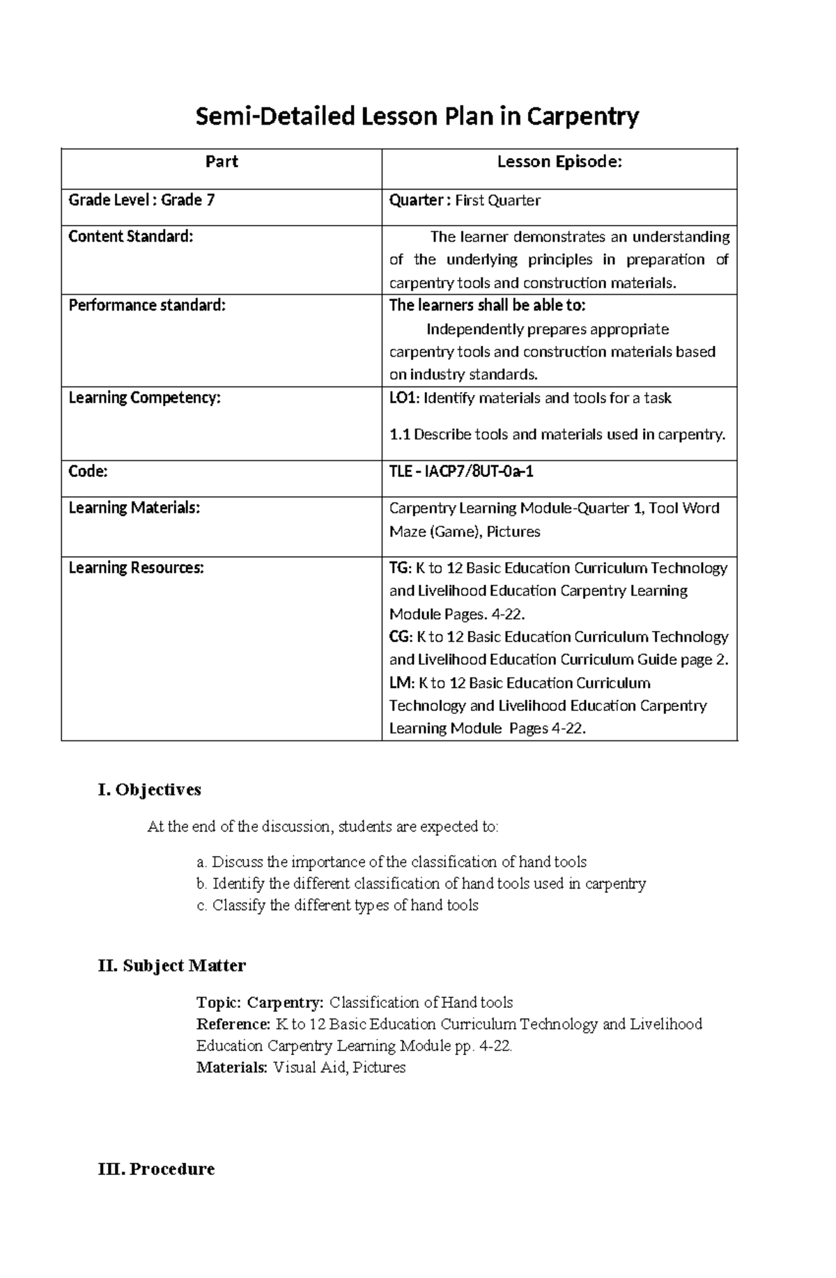 Semi-Detailed Lesson Carpentry-Victorian - Semi-Detailed Lesson Plan in ...