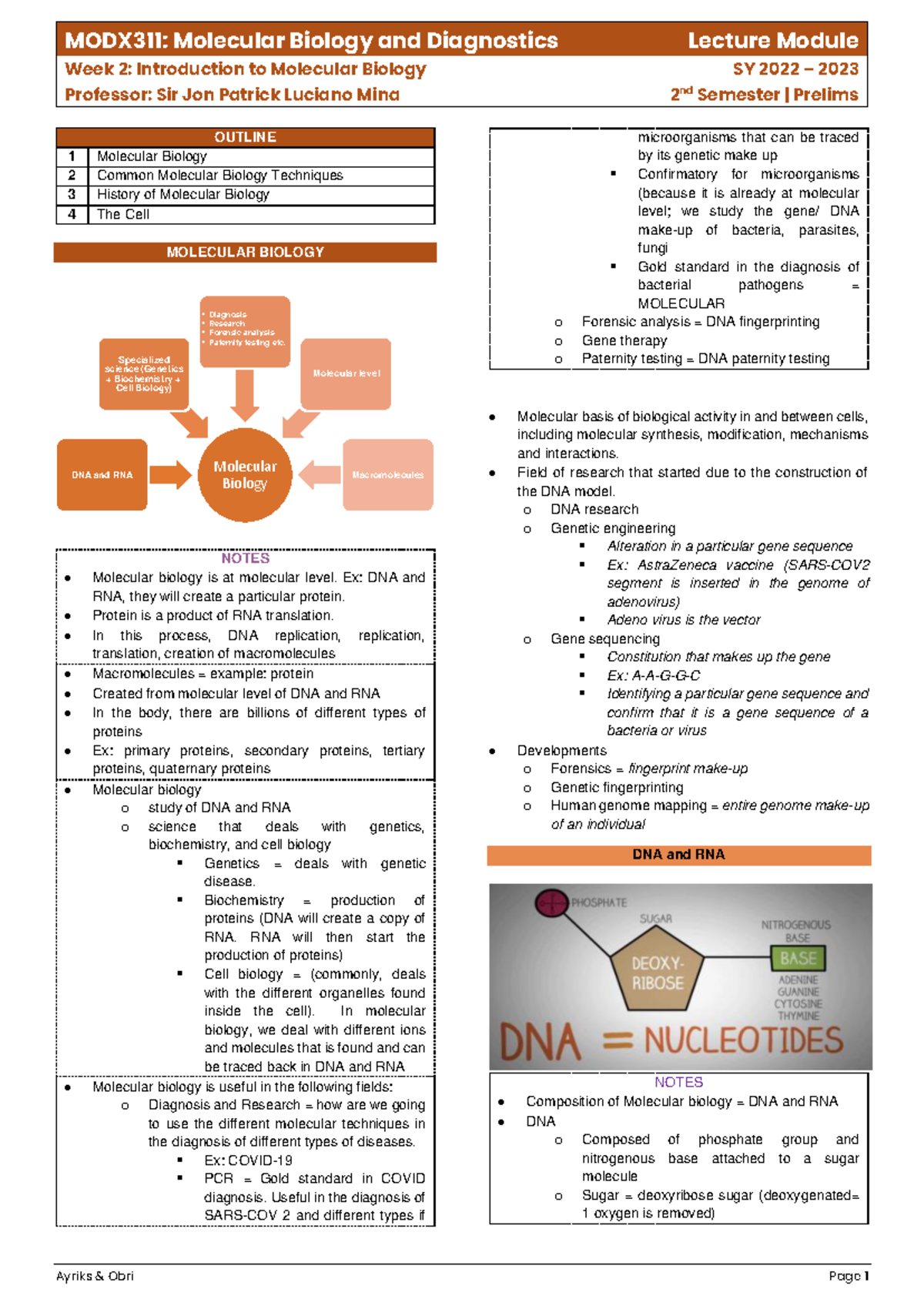 MODX311 LEC WEEK 2 Intro TO Molecular Biology - MODX 311 : Molecular ...