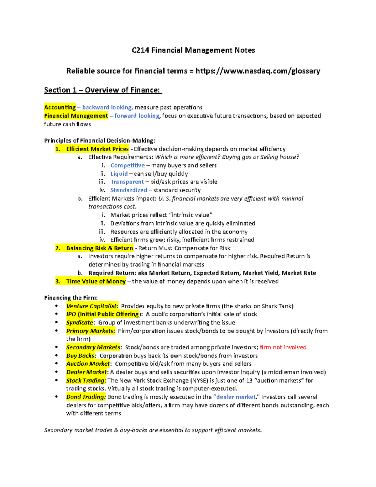 C214 Financial Management Notes - C214 Financial Management Notes ...