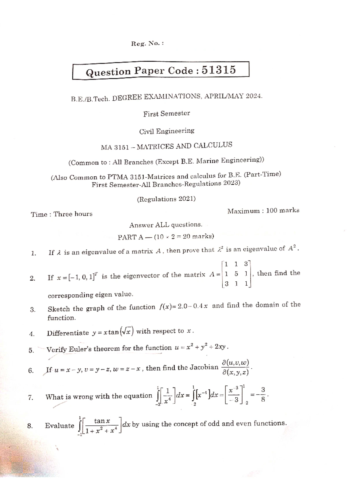 MA3151 Matrices and Calculus Two Mark Questions 1 - Sub. Name & Code ...