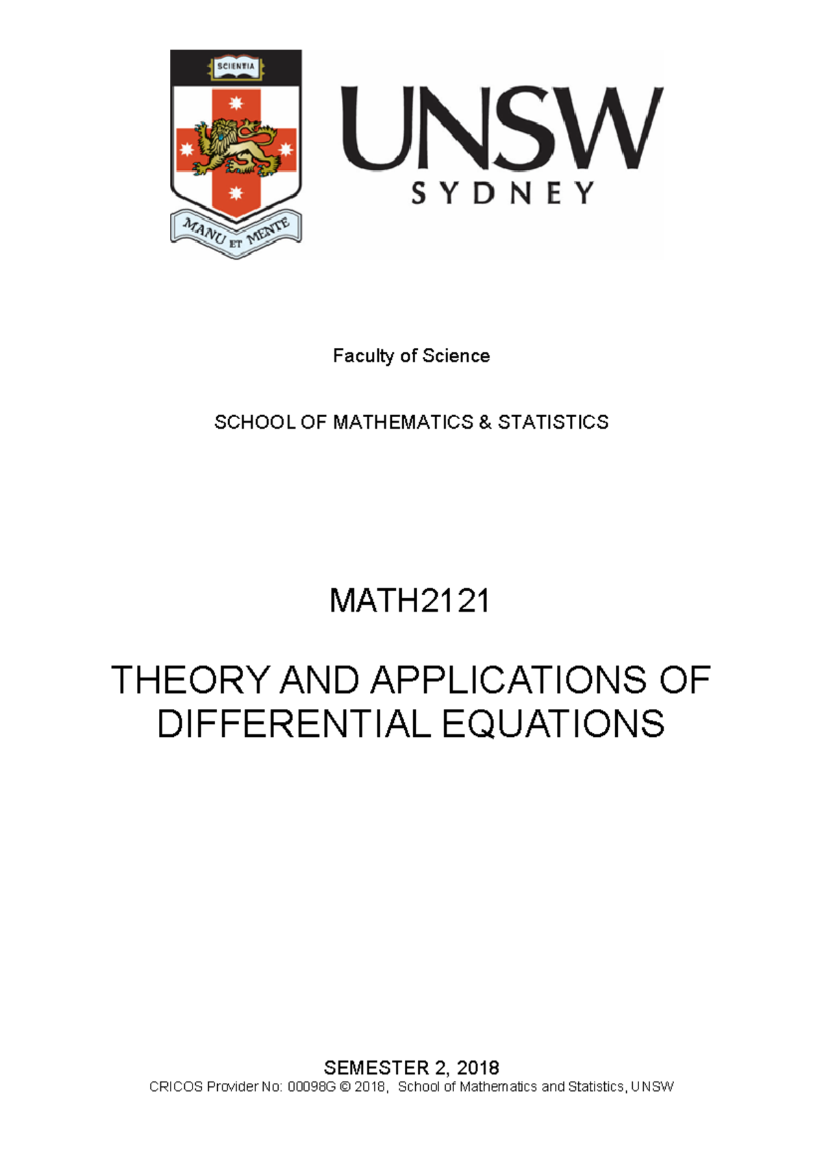 2121 Course Outline - ! Faculty of Science SCHOOL OF MATHEMATICS ...