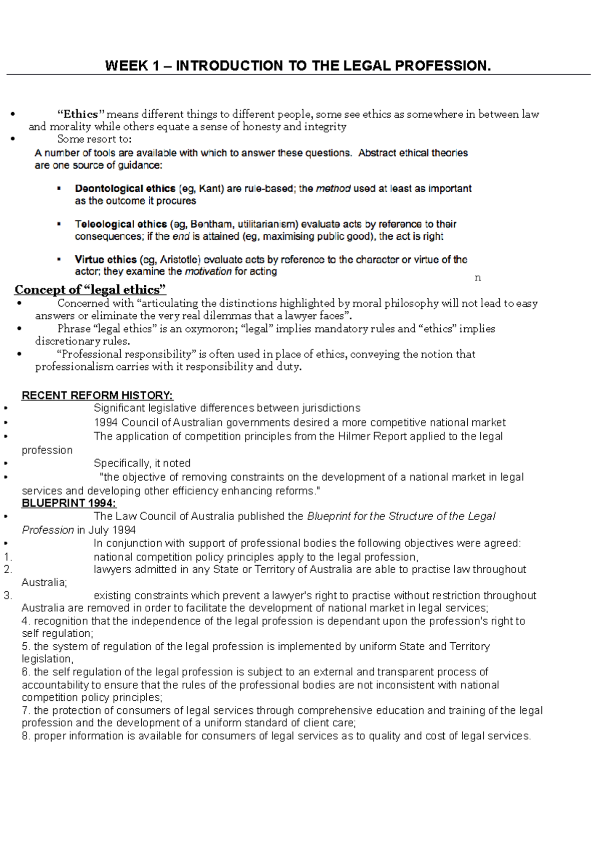 Legal Ethics Final EXAM Notes WEEK 1 INTRODUCTION TO THE LEGAL