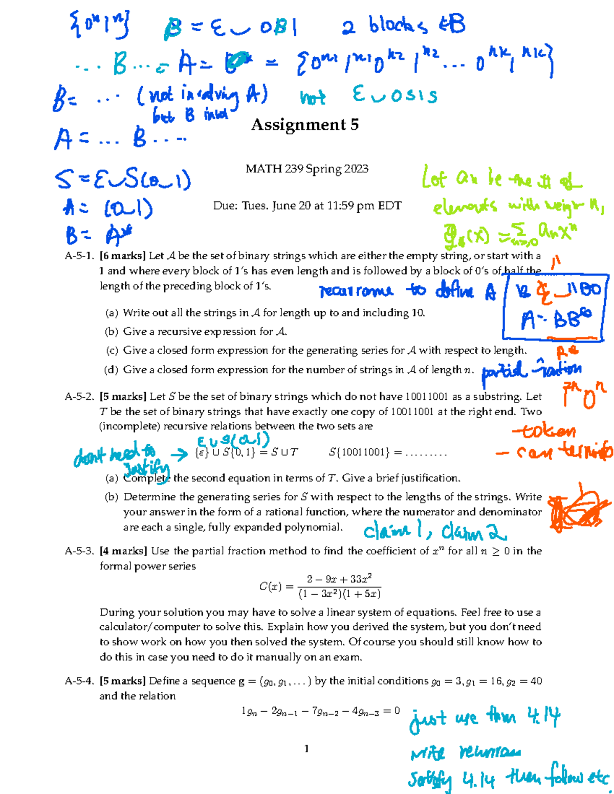 A5- Assignment 5 MATH 239 Spring 2023 Due: Tues. June 20 at 11:59 pm ...