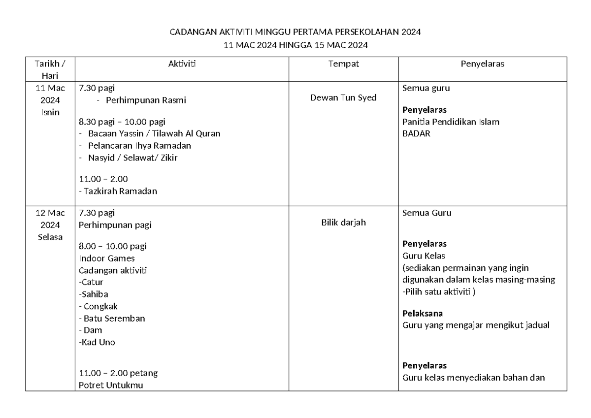 Cadangan Aktiviti Minggu Pertama Persekolahan 2024 Cadangan Aktiviti