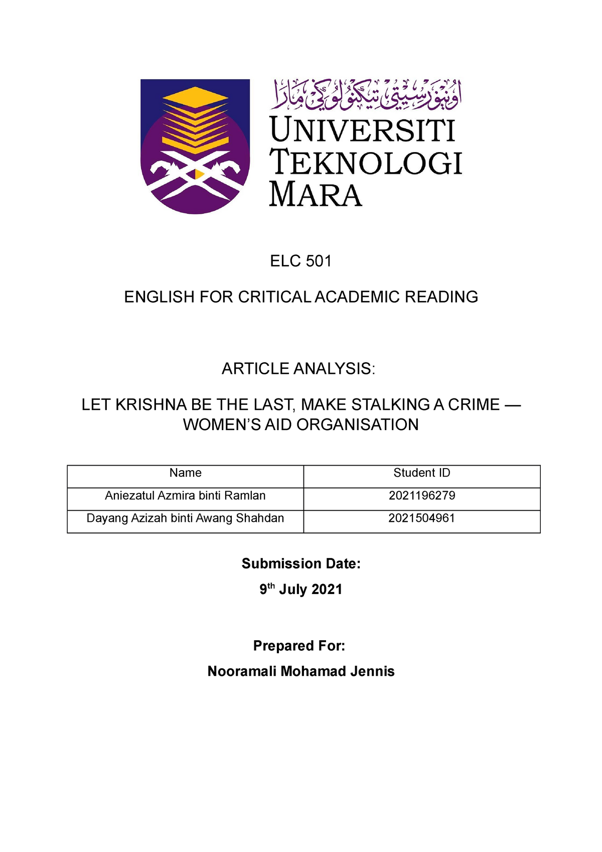 Article Analysis ELC501 - ELC 501 ENGLISH FOR CRITICAL ACADEMIC READING ...