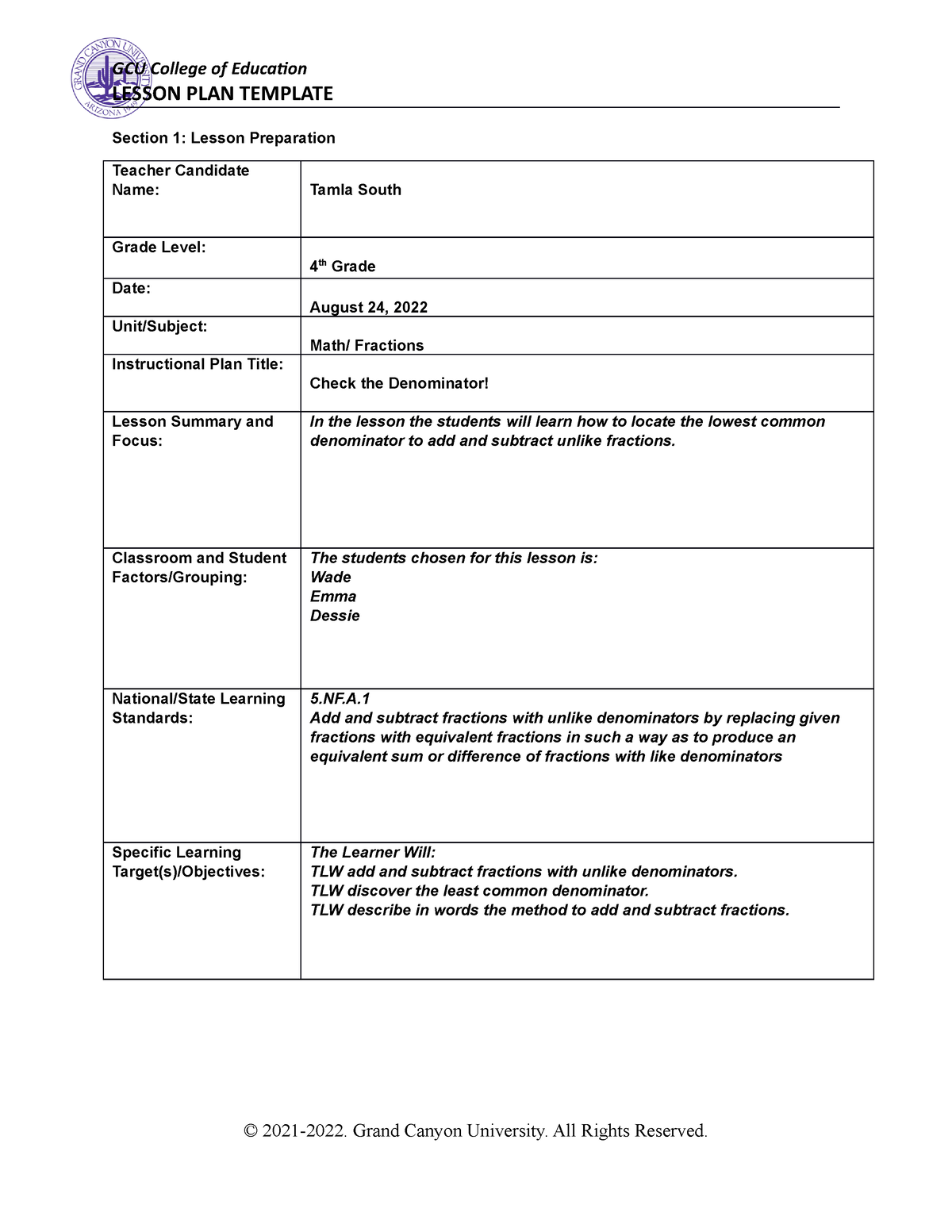 Differentiating Math Activities Final - Lesson Plan Template Section 1 