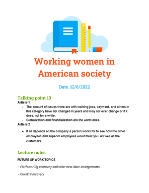 Wwoas week 12 - week 12 notes - Working women in American society Date ...