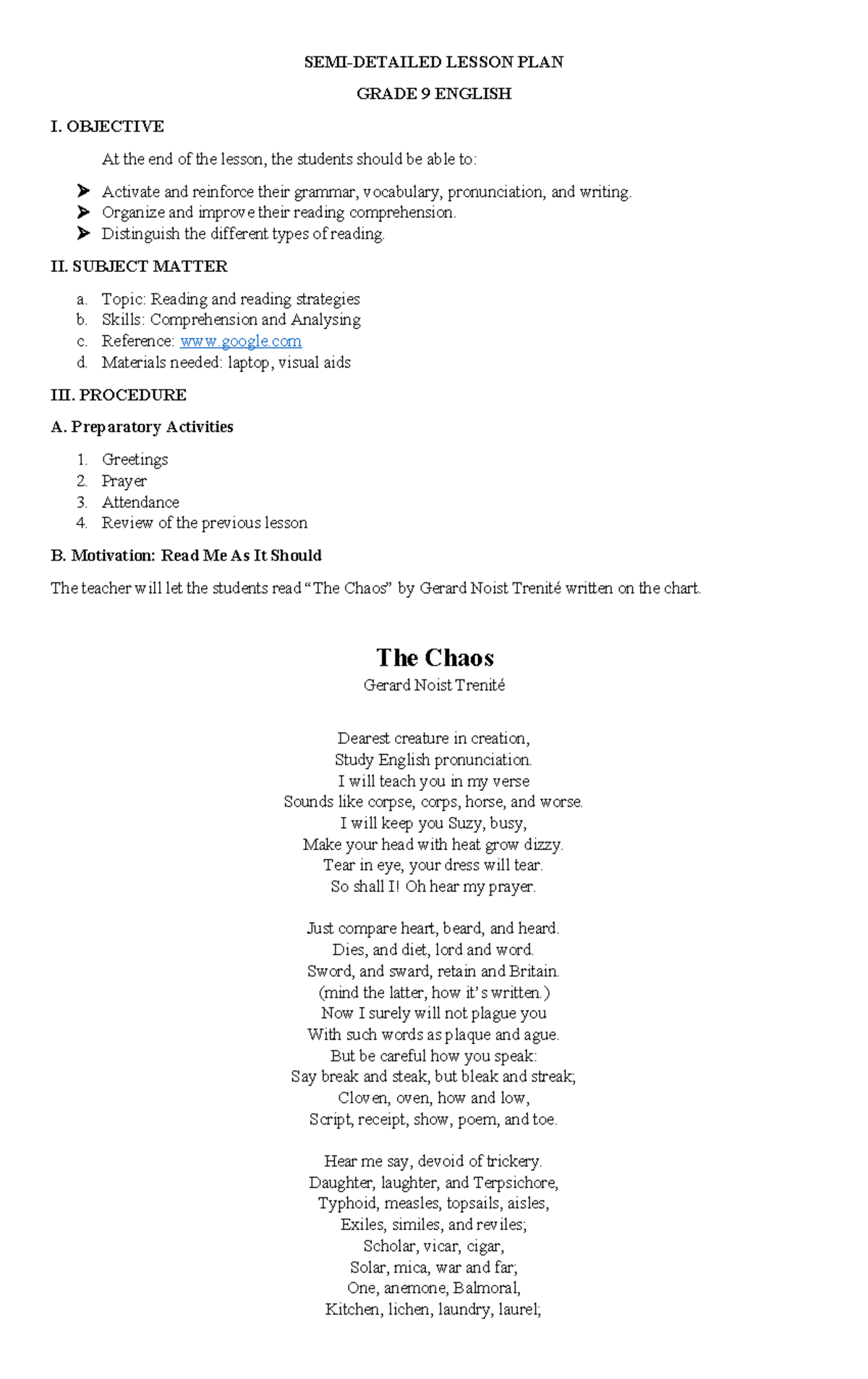 Mc elt 5 lesson plan - SEMI-DETAILED LESSON PLAN GRADE 9 ENGLISH I ...