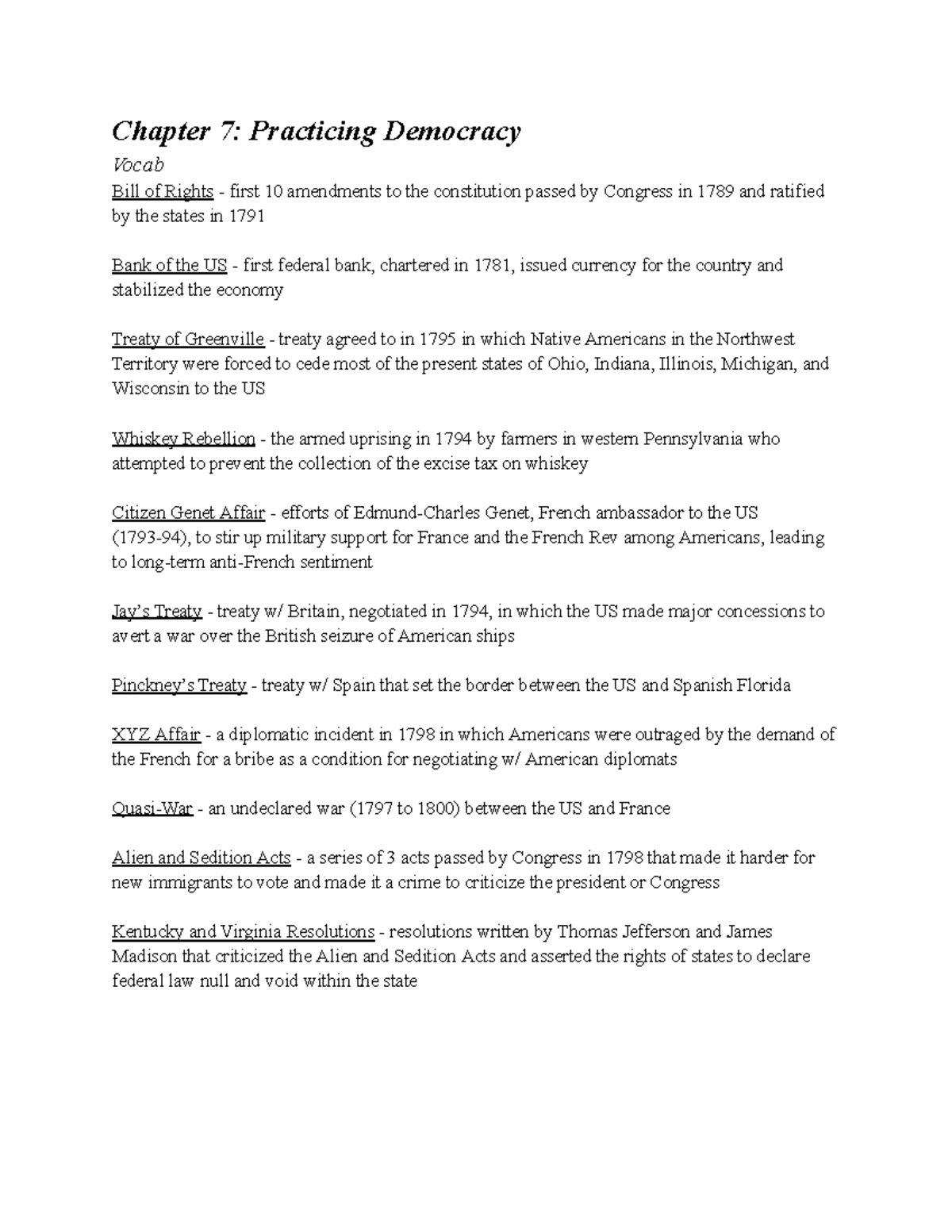 Apush Notes CHAP 7 Practicing Democracy Chapter 7 Practicing Democracy Vocab Bill of Rights