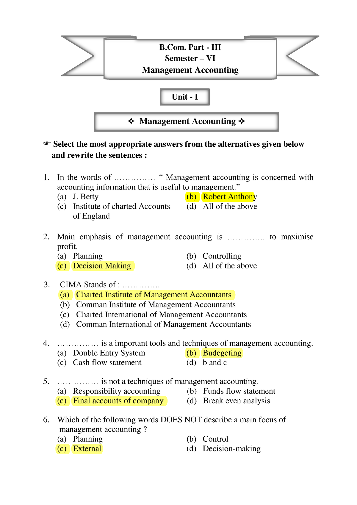 B - Multiple Choice Questions - Select The Most Appropriate Answers ...