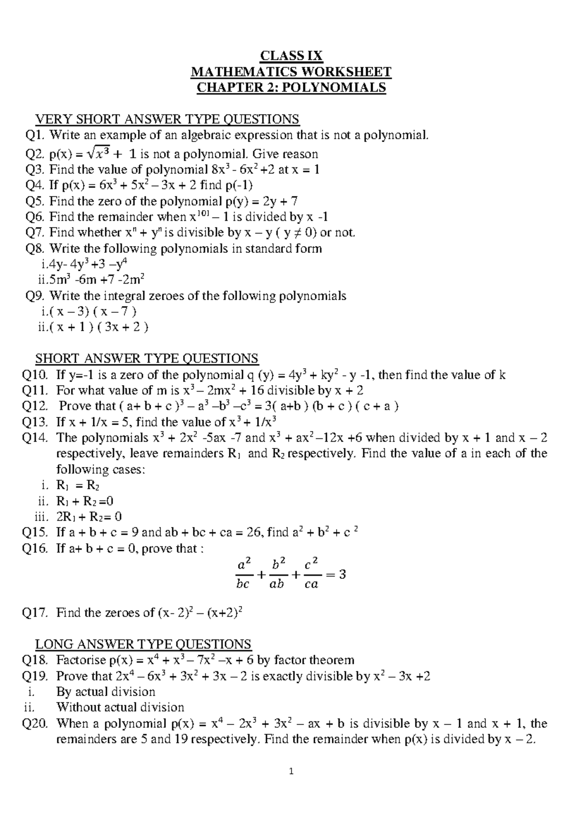 Mathematics WORK 2 class 9 may 19 - 1 CLASS IX MATHEMATICS WORKSHEET ...