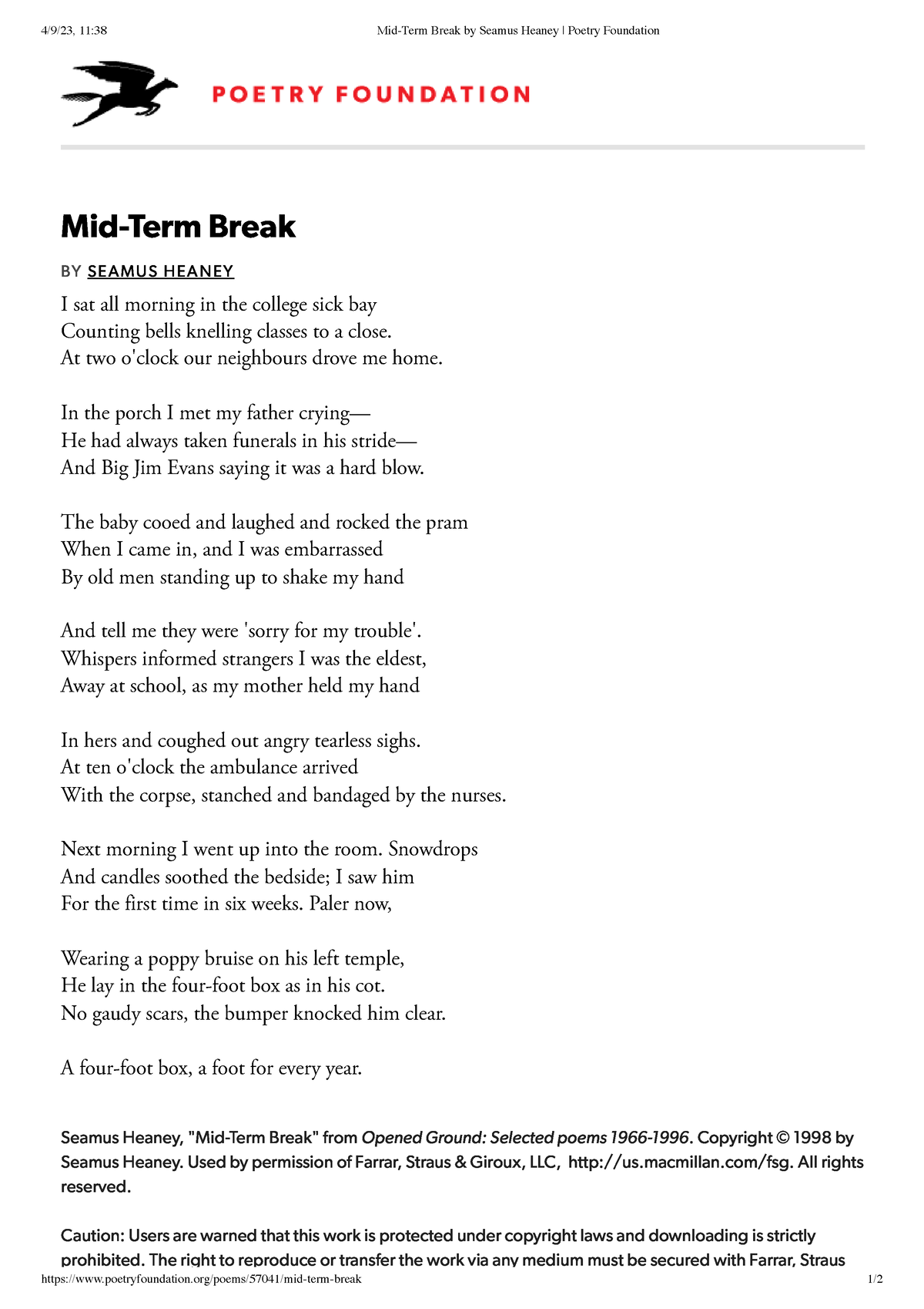 Mid Term Break By Seamus Heaney Poetry Foundation 4923 1138 Mid Term Break By Seamus