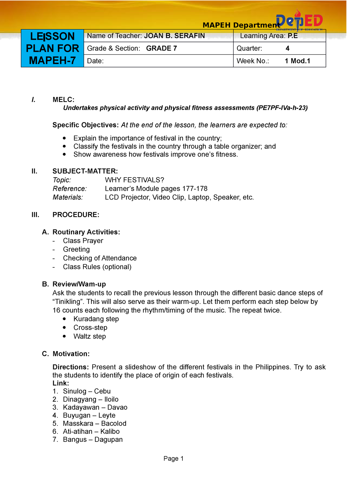 Q4 COT PE7 WHY Festivals 1 - MAPEH Department LE SSON PLAN FOR MAPEH ...