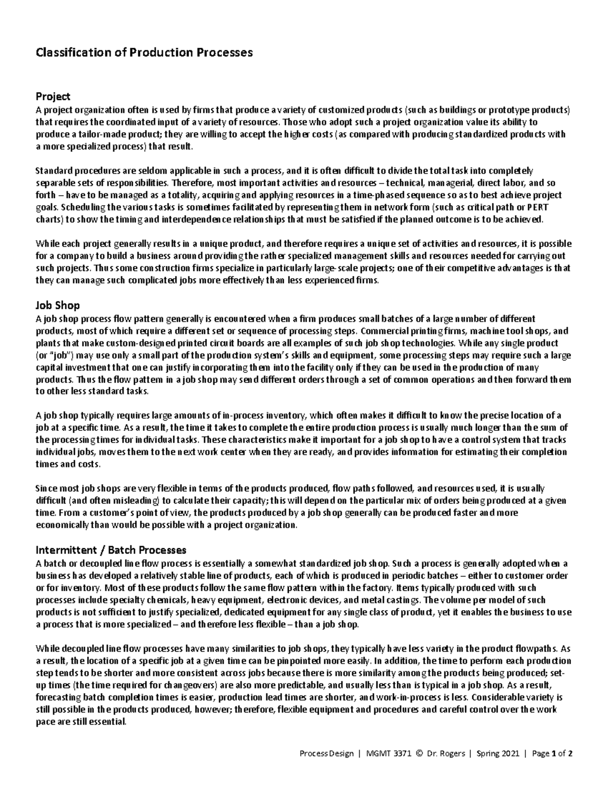 6 OM Classification of Production Processes handout Spring 2021 ...