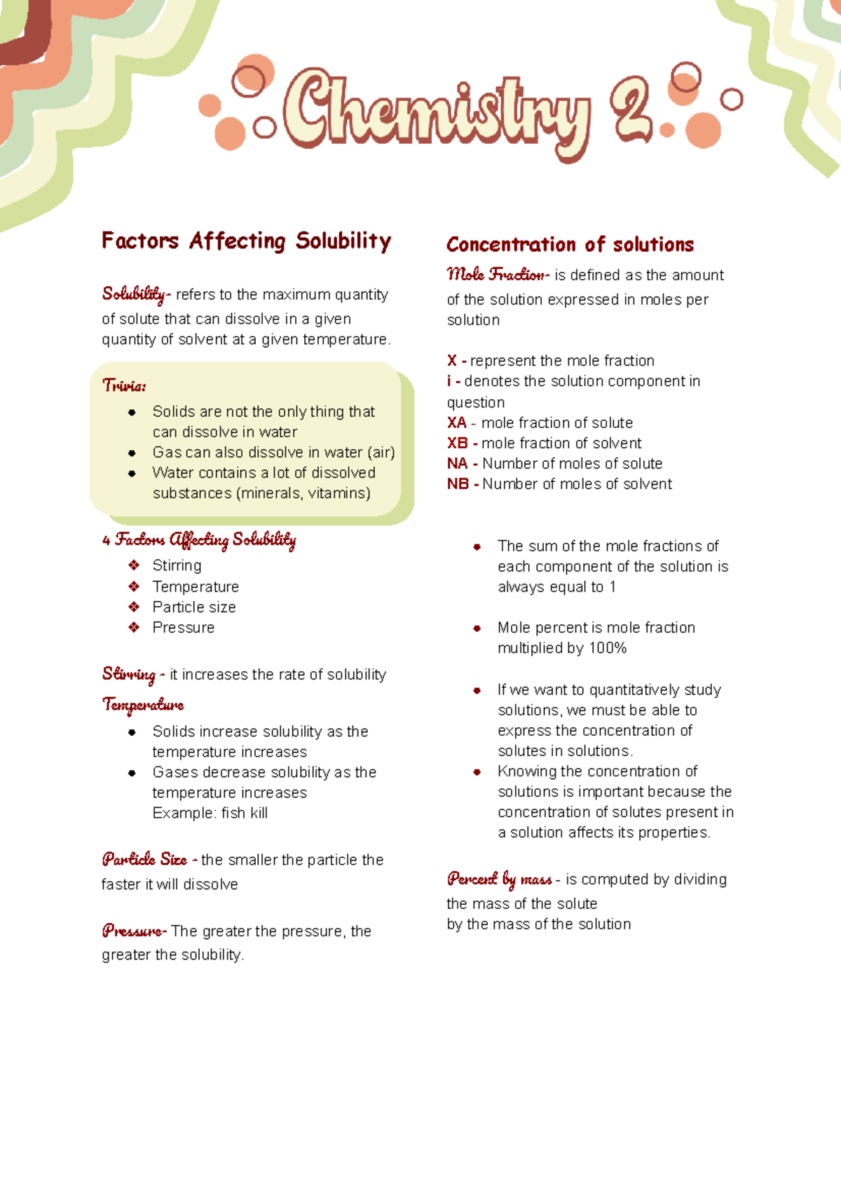 Bio Chemistry Study Guide Factors Affecting Solubility Factors