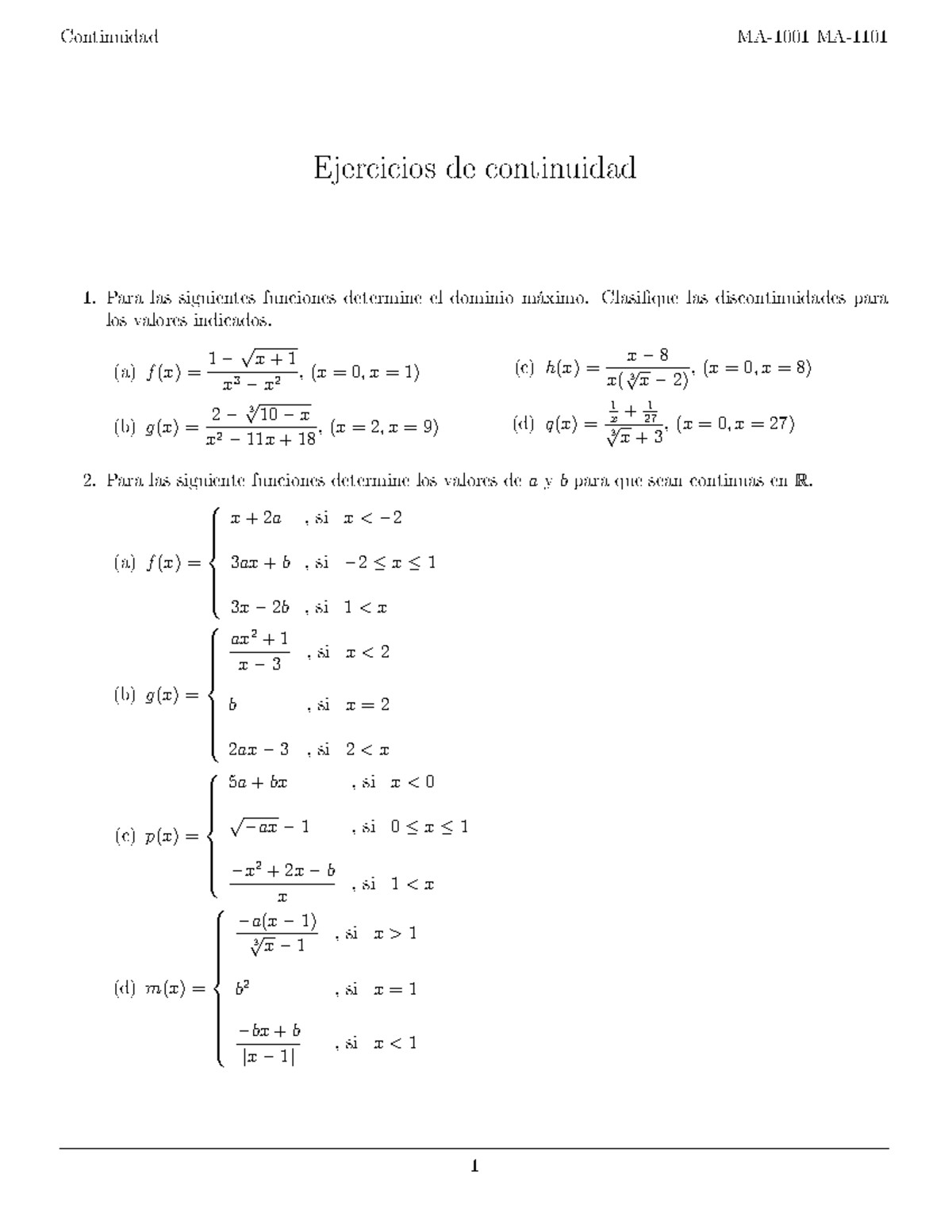 Practica Continuidad - Continuidad MA-1001 MA-1101 Ejercicios De ...