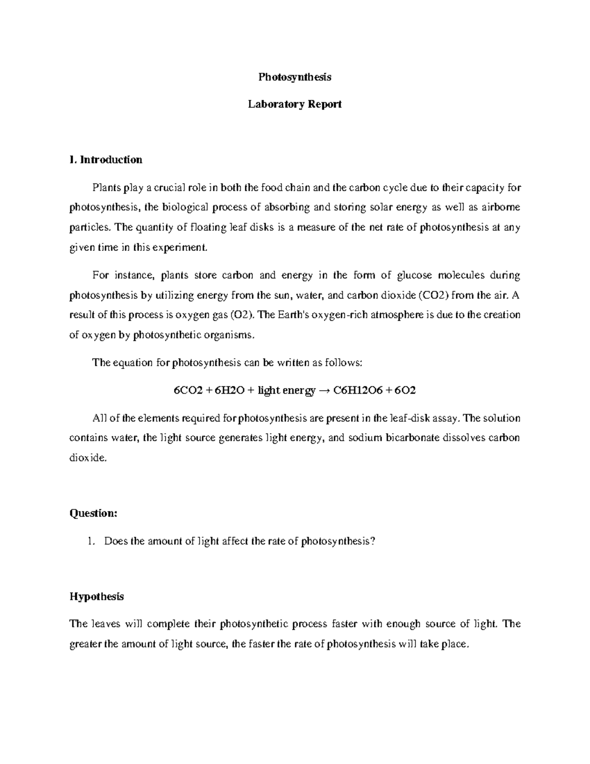 Biochem Lab Report In Photosynthesis - Photosynthesis Laboratory Report ...