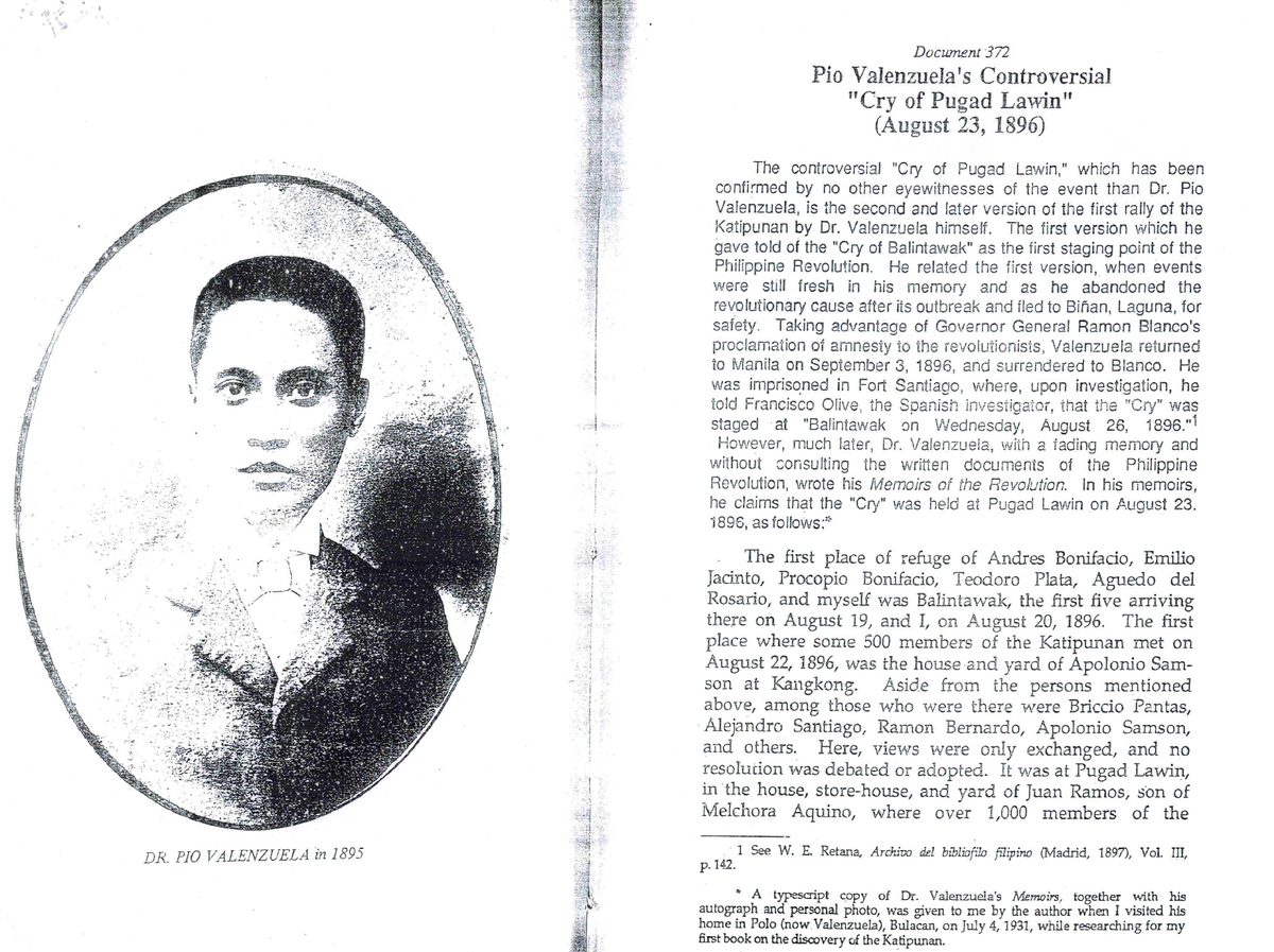 Pio Valenzuela S Controversial Cry Of Pugad Lawin 2 History Studocu
