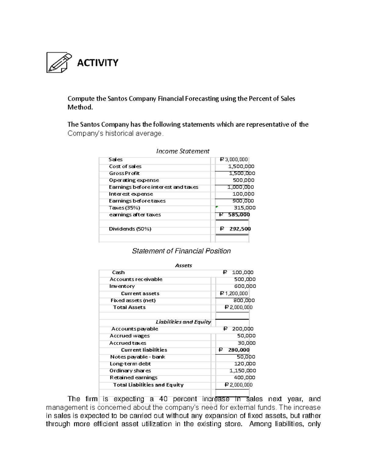 Financial Management M2 Lesson 3 Activity - USeP - Studocu