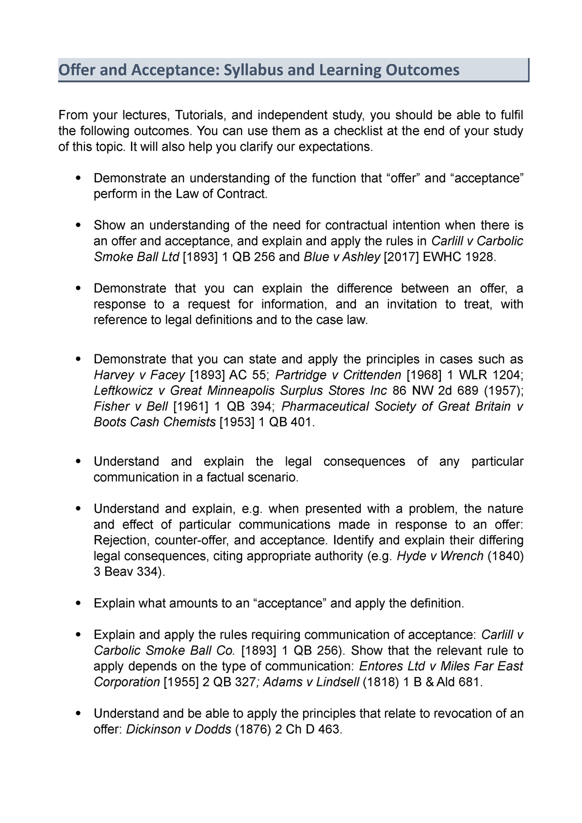 00contract Law 19 Topic Syllabus And Intended Learning Outcomes Studocu