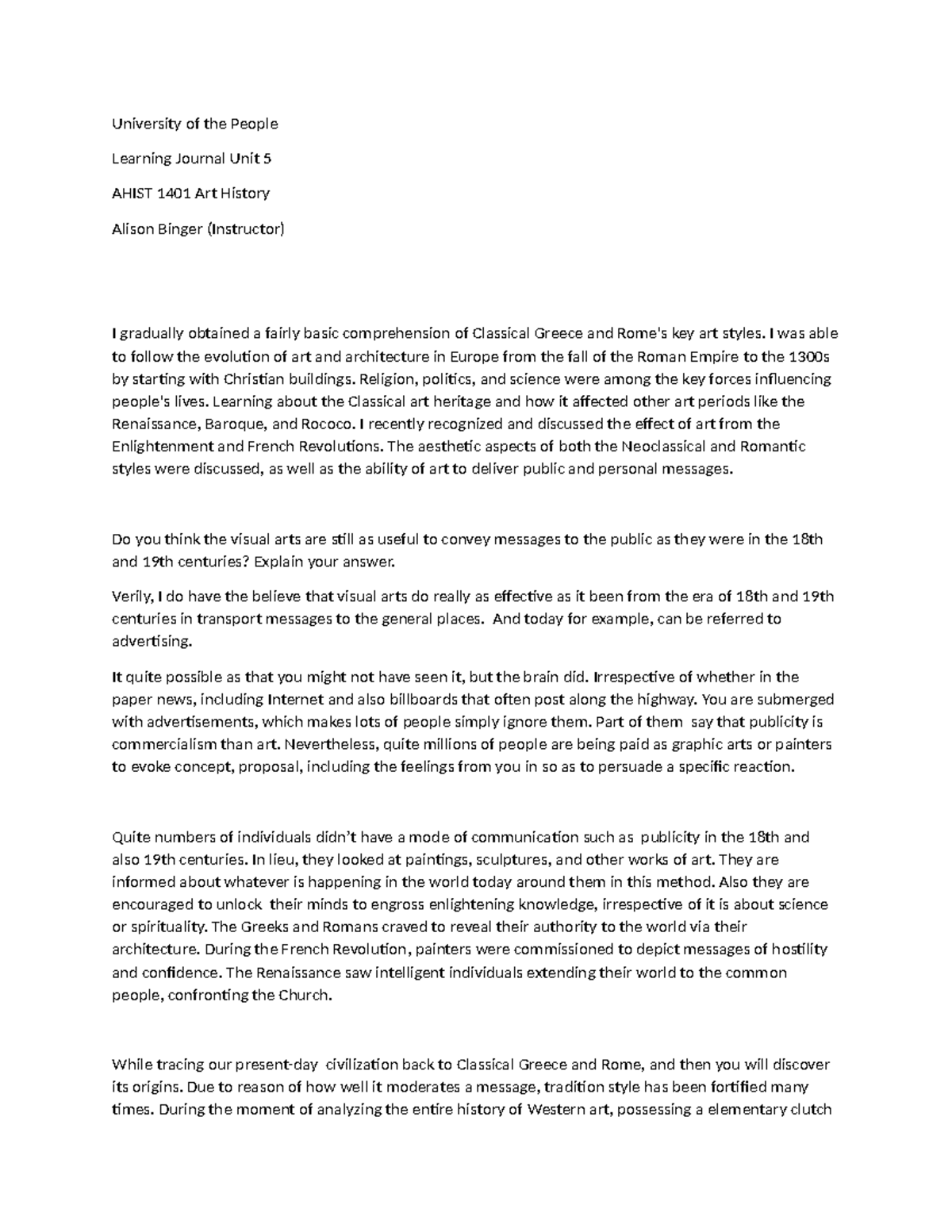 Ahist LJ unit 5 - University of the People Learning Journal Unit 5 ...