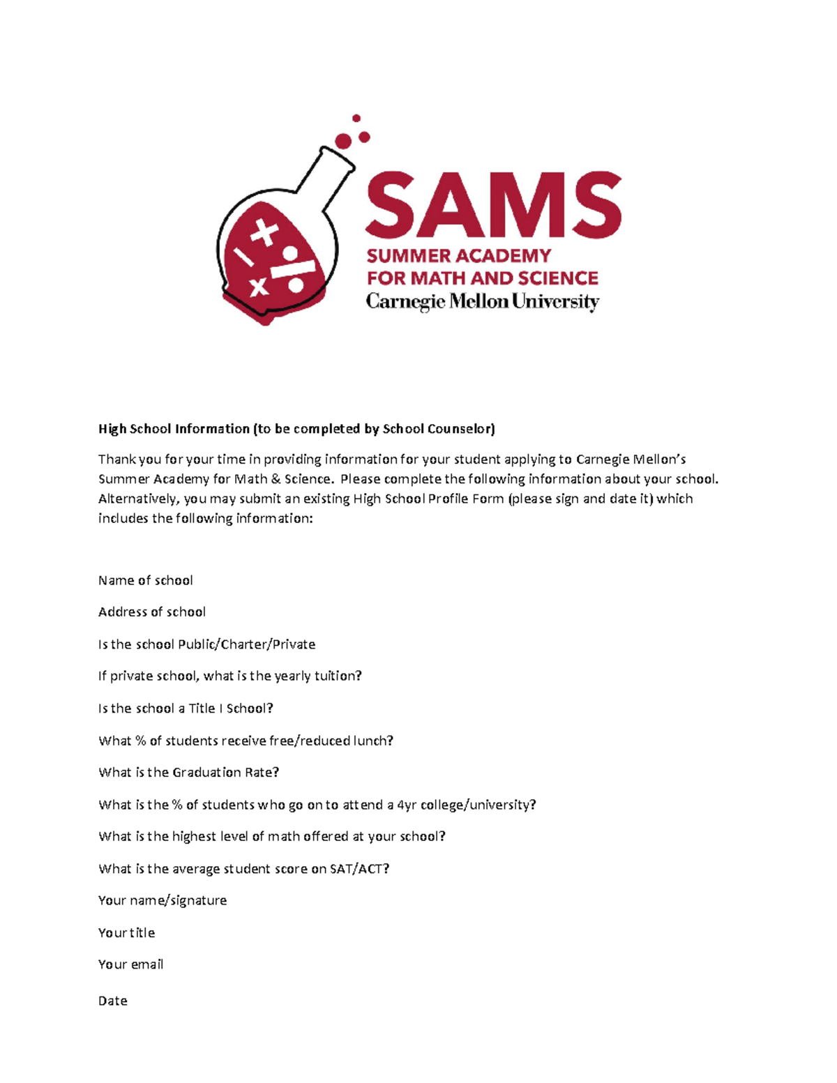 Sams form - .egouhefo;weho; - High School Information (to be completed ...